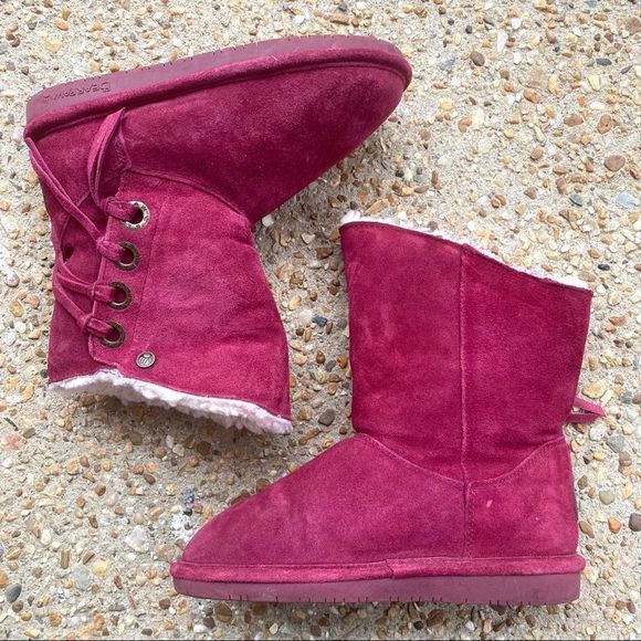 Bearpaw Arya Burgundy Suede Wool Fringe Boots 6 - Picture 1 of 8